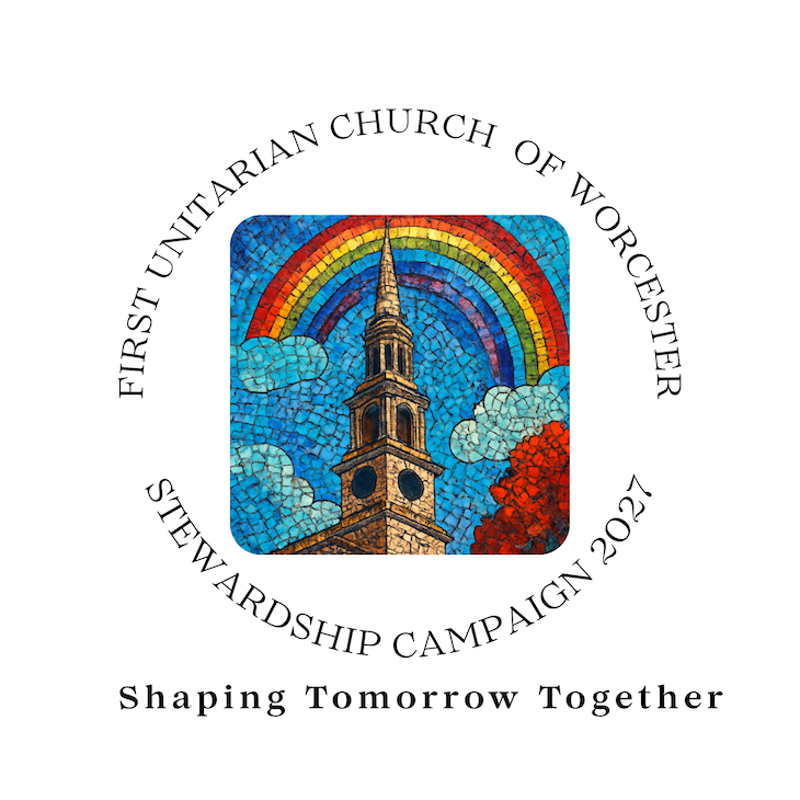 Mosaic of the steeple and a rainbow, with the words Shaping Tomorrow Together