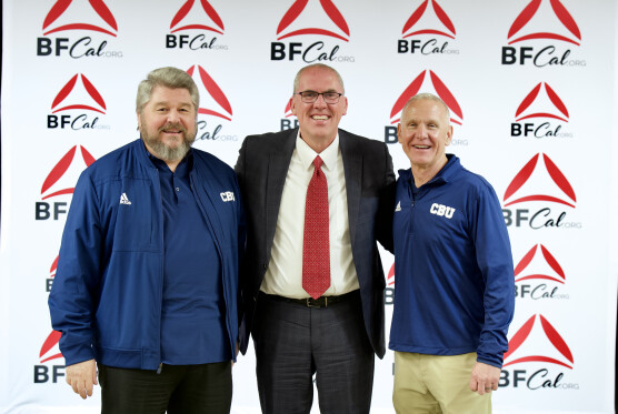 CBU President Dr. Ronald L. Ellis, SBC President Dr. Bart Barber, and BFCal President Dr. Jonathan Jarboe at the February 2023 BFCal Board Vision Dinner.