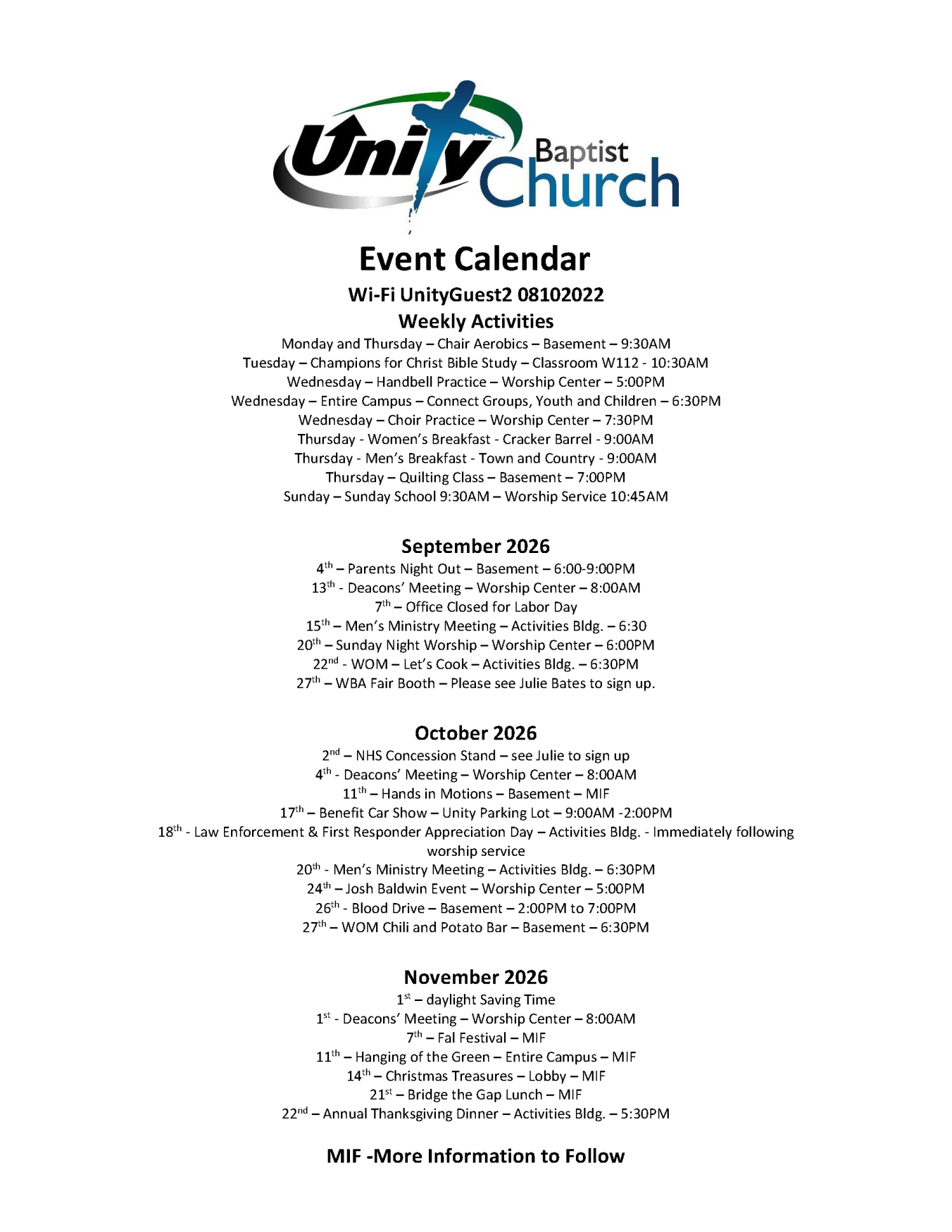 Unity Baptist Calendar of Events