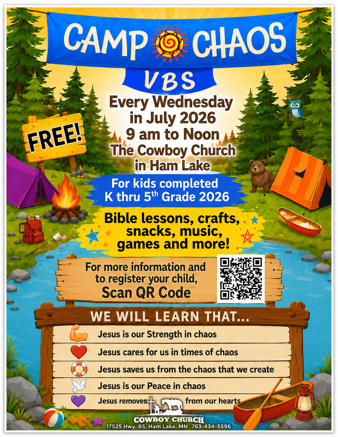 Vacation Bible School - Every Wednesday in July!  Camp Chaos!