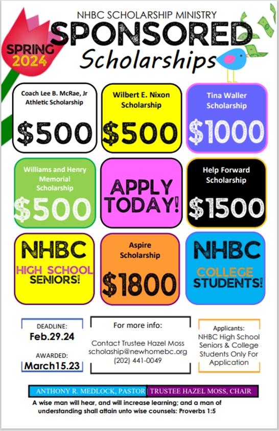 NHBC Spring 2024 Scholarships New Home Baptist Church   Scholarship Cover V2 