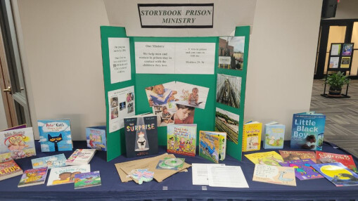 children's books on a display table with tri-fold information board on the storybook project