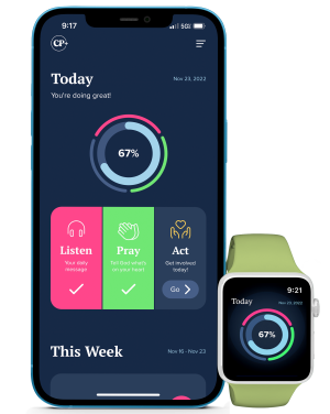 CP+ spiritual fitness app displayed on an iPhone and watch screen