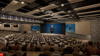 Interior worship space rendering with tables set up for event