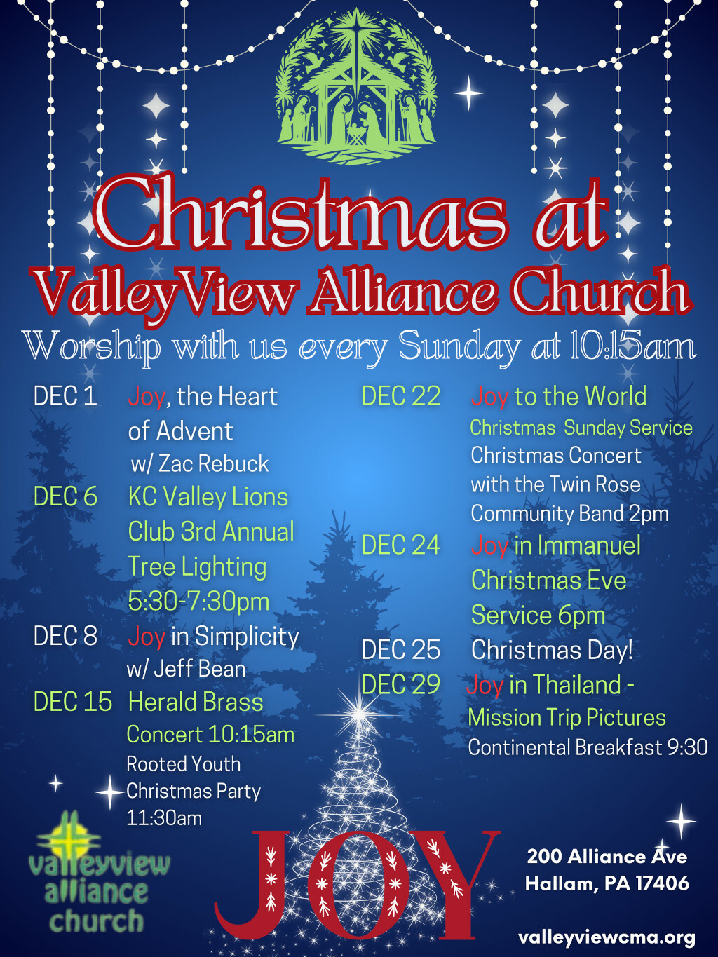 Dec. 1: Joy, the Heart of Advent with Zac Rebuck. Dec. 6: KC Velly Lions Club 3rd Annual Tree lighting 5:30-7:30PM. Dec. 8: Joy in Simplicity with Jeff Bean. Dec. 15: Herald Brass concert 10:15AM. Rooted Youth Christmas Party 11:30AM. Dec. 22:  Joy to the World Christmas Sunday Service. Christmas Concert with the Twin Rose Community Band 2PM. Dec. 24: Joy in Immanuel Christmas Eve service 6PM. Dec. 25: Christmas Day. Dec. 29: Joy in Thailand - Mission Trip Pictures. Continental breakfast 9:30AM.