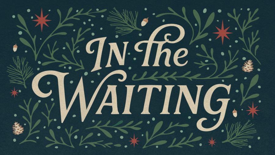 Navy background with green and red Christmas greenery and tan text that says 