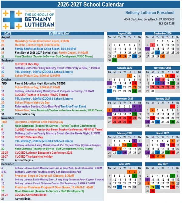 Preschool Calendar 2025-26 page 1 image