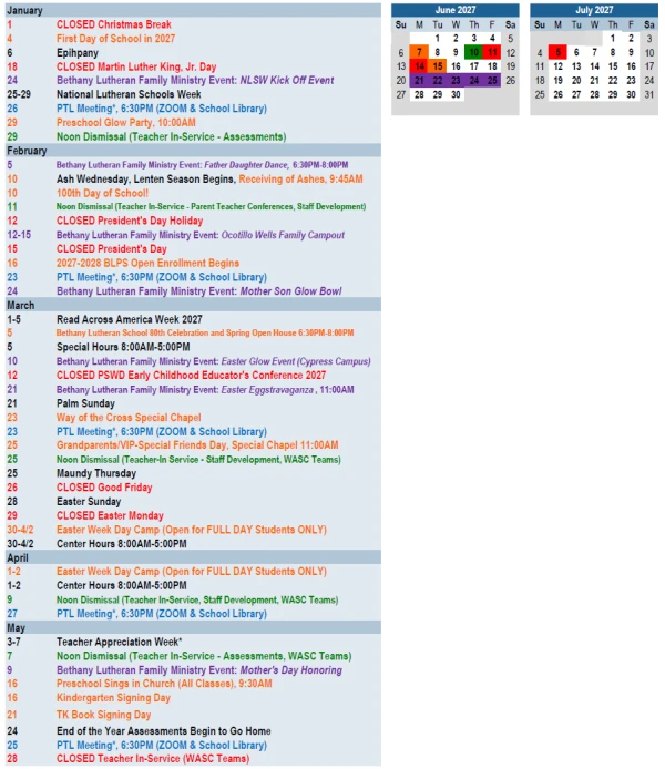 Preschool Calendar 2025-26 page 2 image
