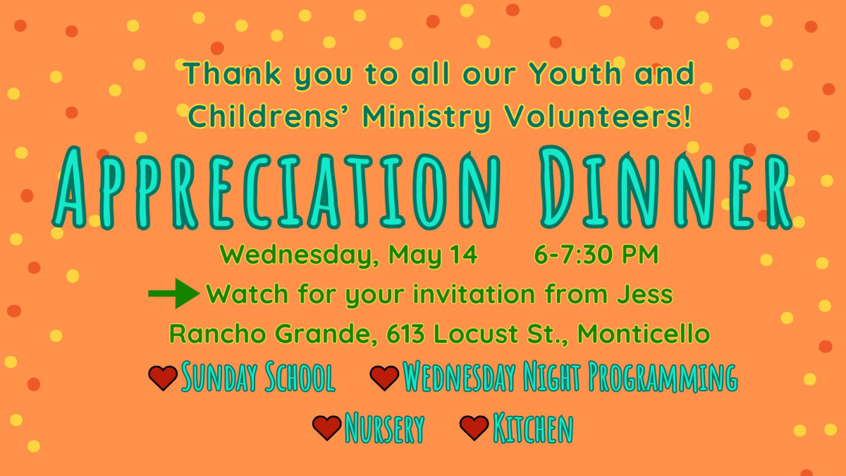 6:00 PM Volunteer Youth and Children's Ministry Dinner @ Rancho Grande