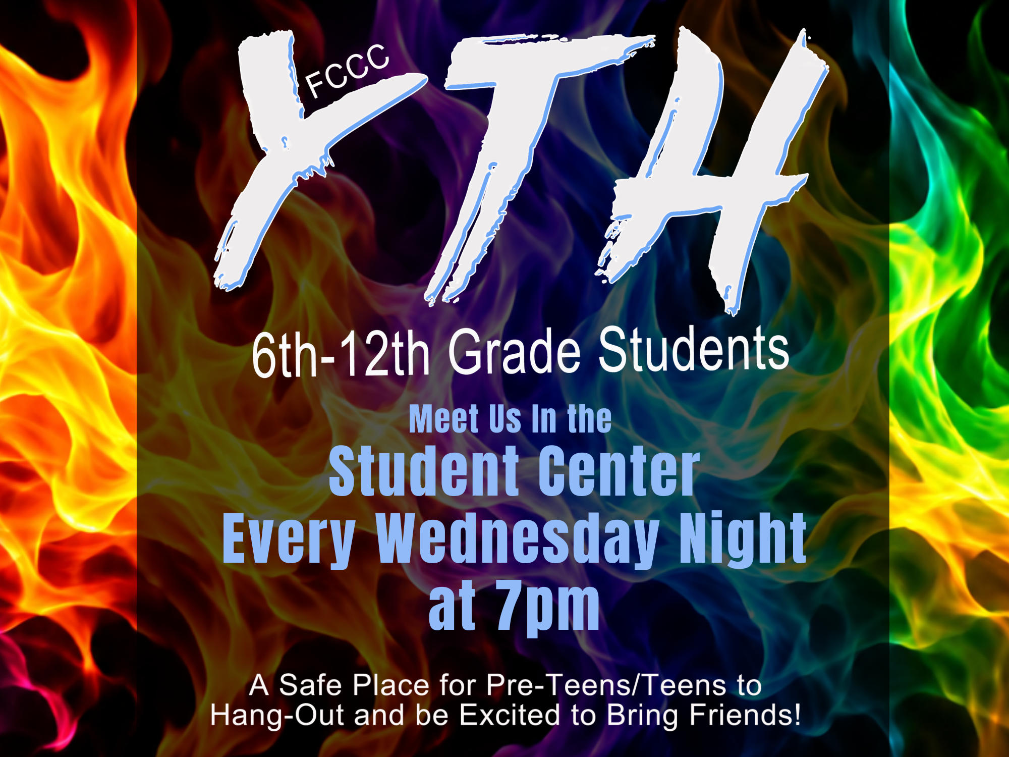 FCCC Student Ministry 8 x 6 AD Multicolored Flames on Black Background