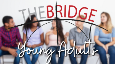 Young adults sitting, The Bridge logo