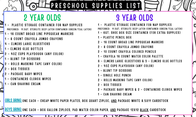 Preschool School Supplies  Bethany Lutheran Church and School