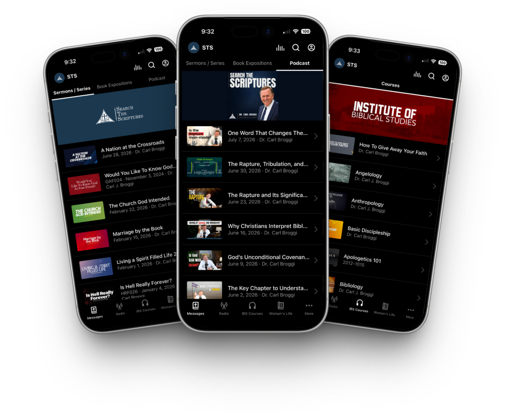 Search the Scriptures app showing sermons, podcasts, and Institute of Biblical Studies courses on three phones.