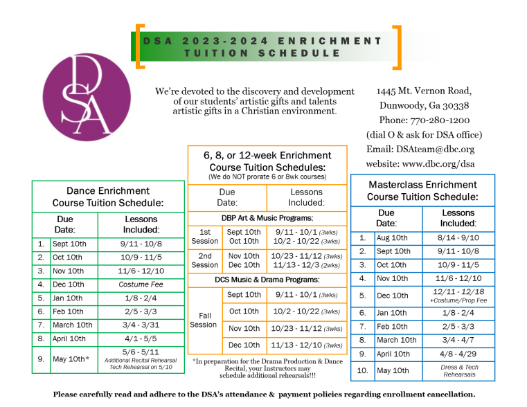 DSA School Calendar and Tuition Schedule Dunwoody Baptist Church