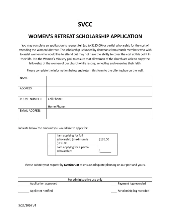 SVCC 2026 Retreat Scholarship Application Form