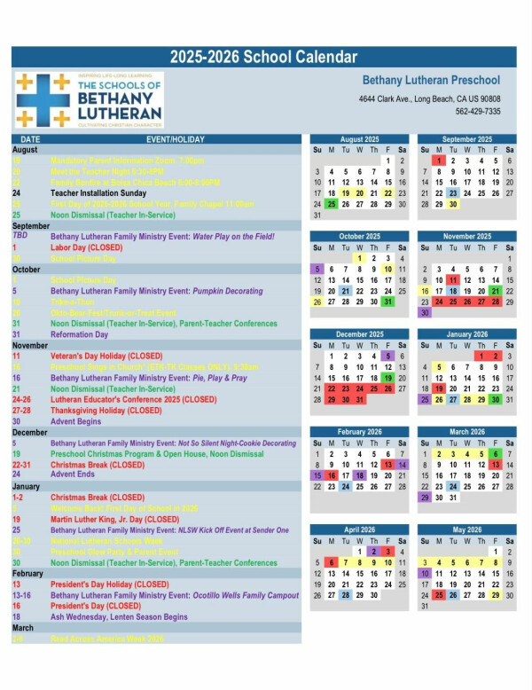 Preschool Calendar 2025-26 page 1 image