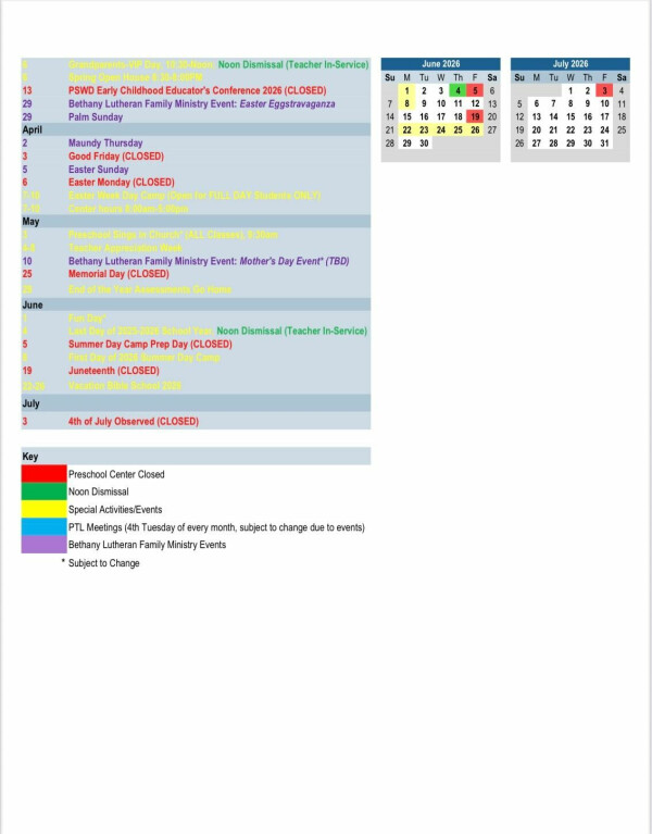 Preschool Calendar 2025-26 page 2 image