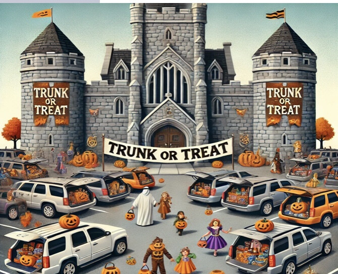 A gray stone castle with Trunk or Treat banners on the pillars on each side stands in front of a field with cars and trick or treaters in the foreground