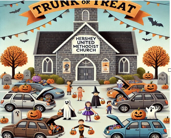 A Trunk or Treat banner stretches over a gray stone church. In front of it are several cars and children in costumes. Jack o'lanterns are scattered liberally around the image.