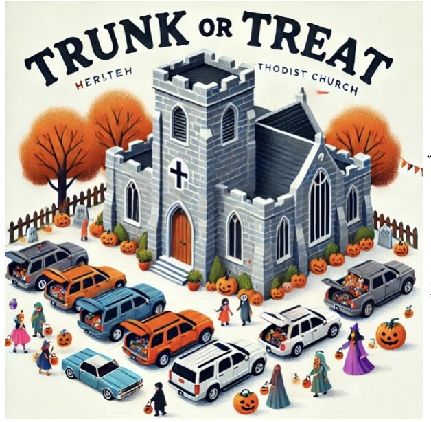 A square shaped gray stone fortress stands at a 45 degree angle to the camera, with cars lined up around it and trick or treaters walking around.