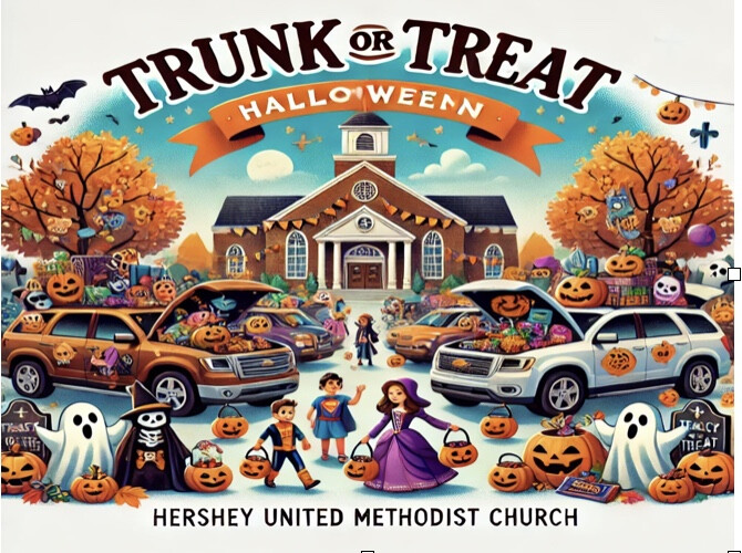 A church with a Trunk or Treat Halloween banner arcing above it. Two station wagons sit in the foreground, with hoods open, facing one another. Kids in costumes are at the front of the image, holding pumpkin pails. Jack o'lanterns are scattered all over the image.