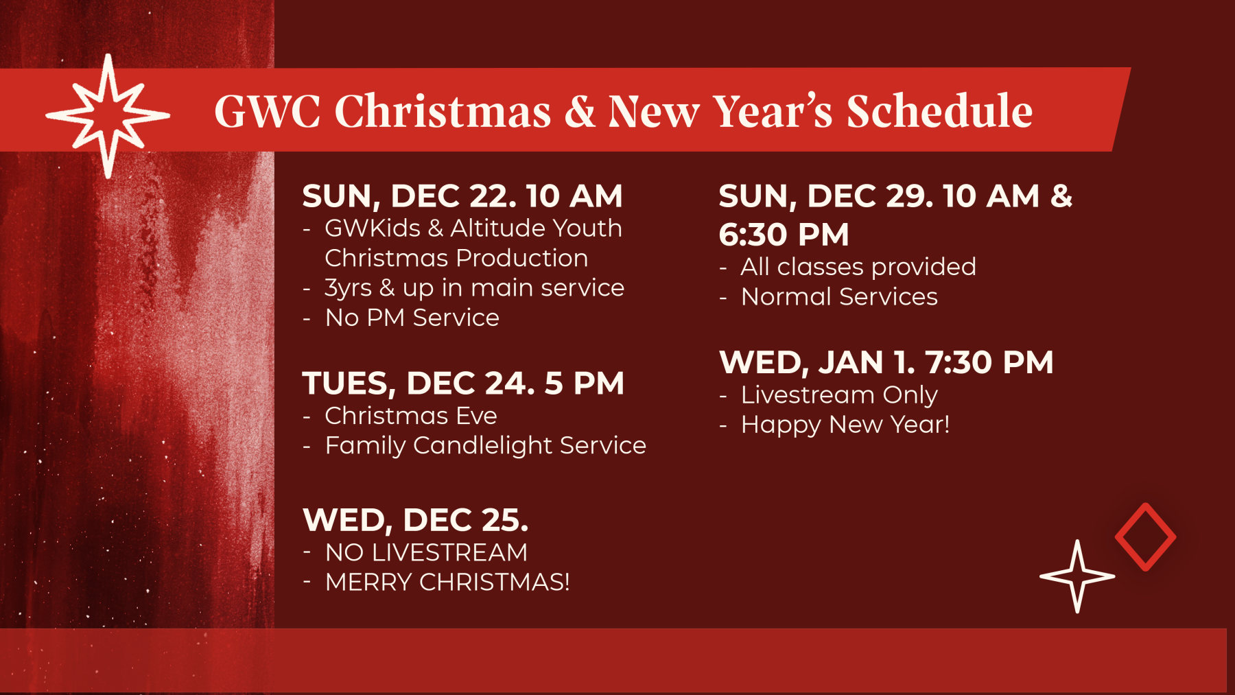 GWC Christmas and New Year's Schedule 2024