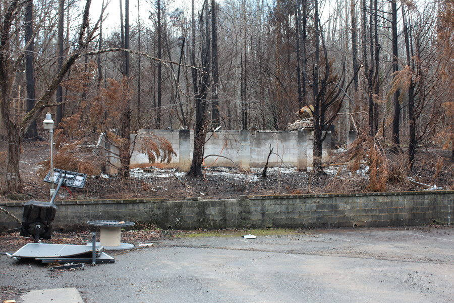 Building damage behind church