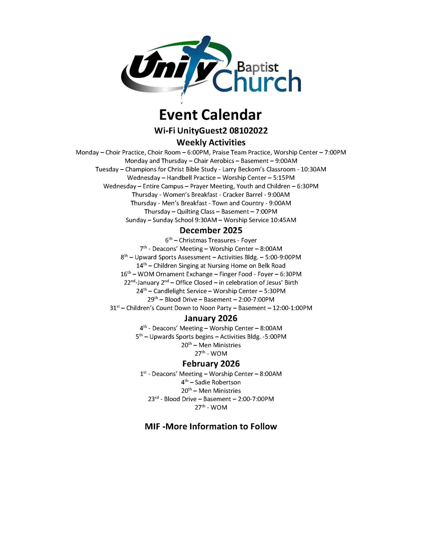 Unity Baptist Calendar of Events