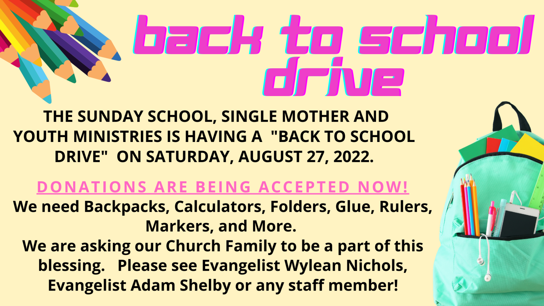 BACK TO SCHOOL SUPPLIES GIVE-A-WAY | Beloved St. John Evangelistic Church