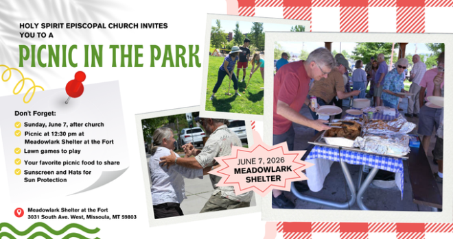 Picnic in the Park, after church, 12:30 pm