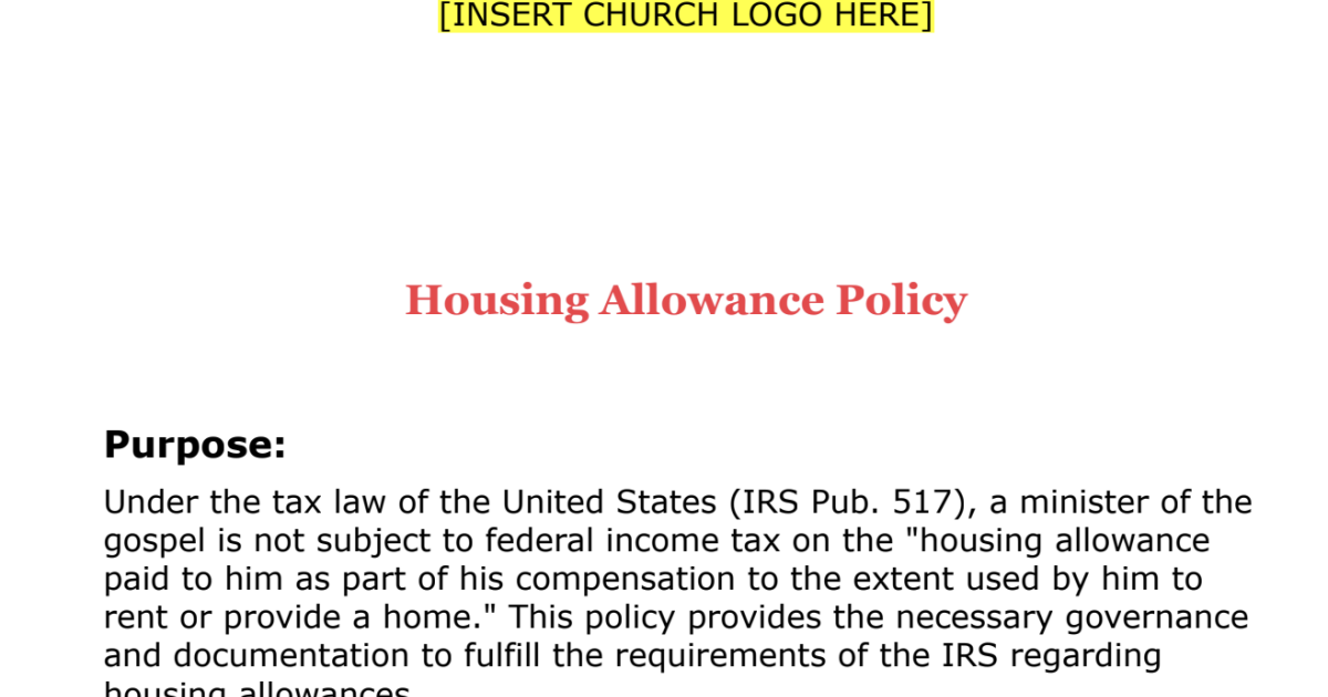 Housing Allowance Policy Template | Articles | Anglican Diocese of ...