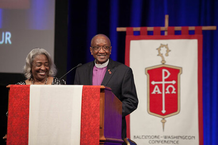 Bishop Marcus and Barbara Matthews say thank you to colleagues, staff and loved ones Friday night.
