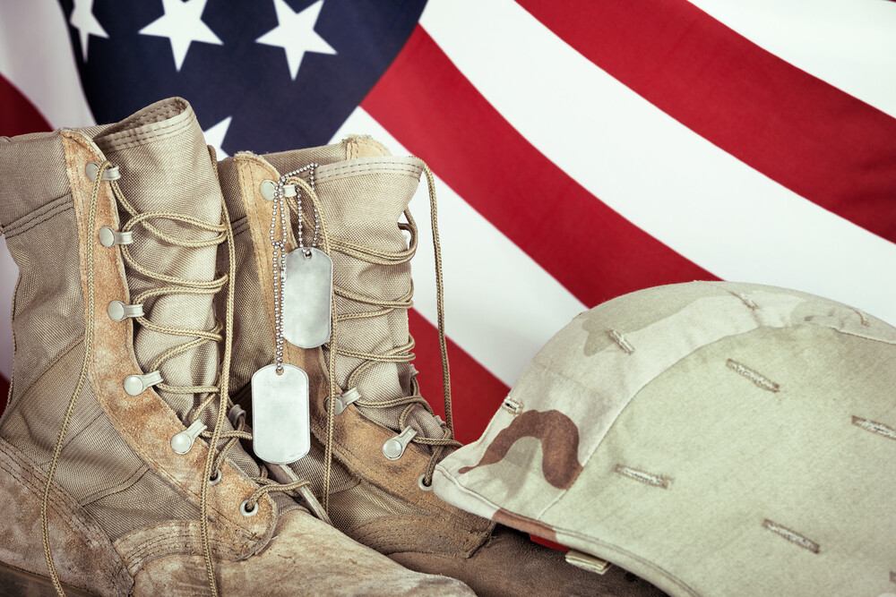 American-flag-with-soldiers-boots-helmet-and-dog-tags