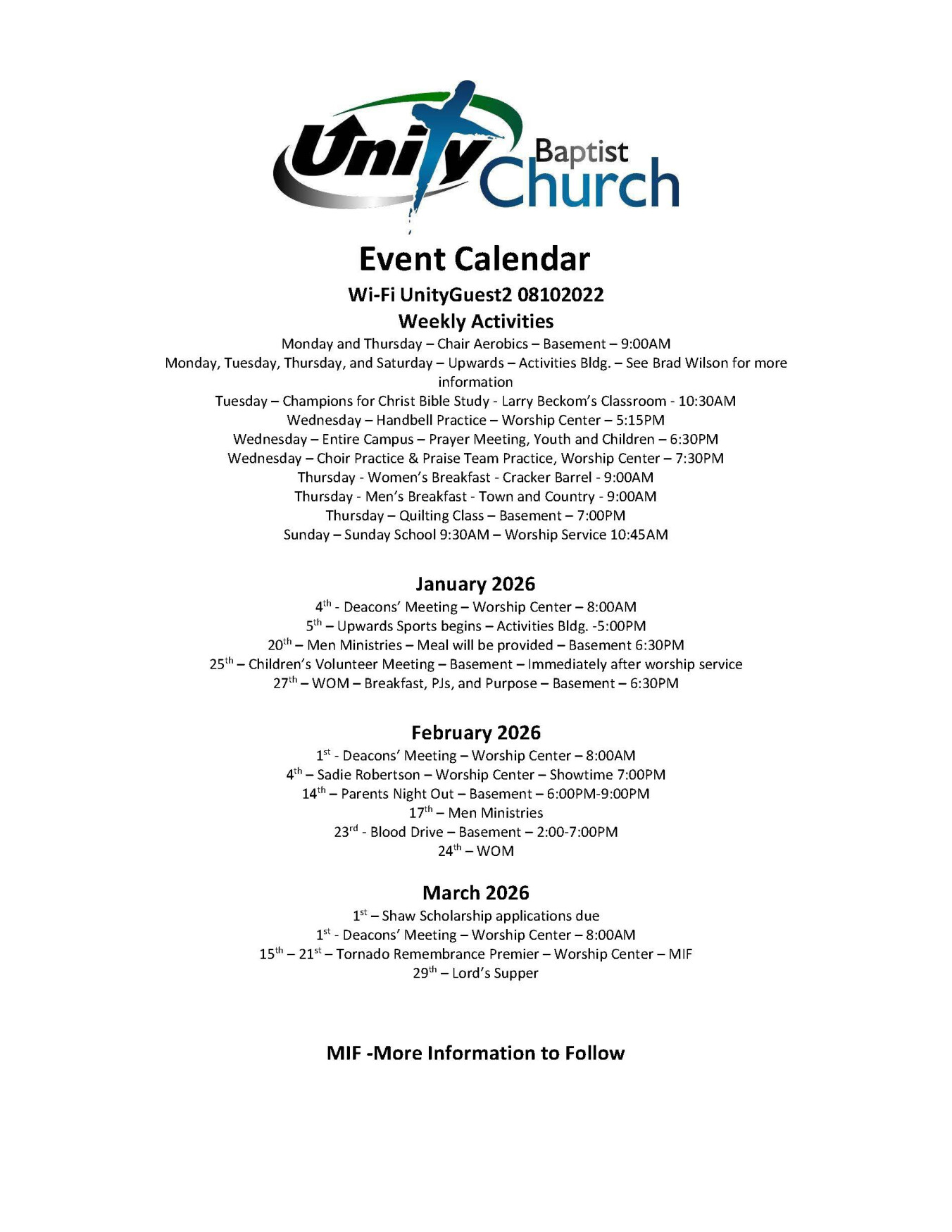 Church Wide Weekly and Special Events