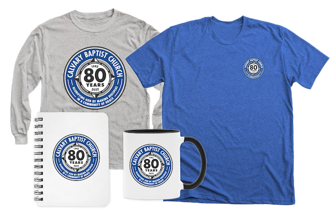 collage of shirts, mug and notebook with 80th anniversary logo