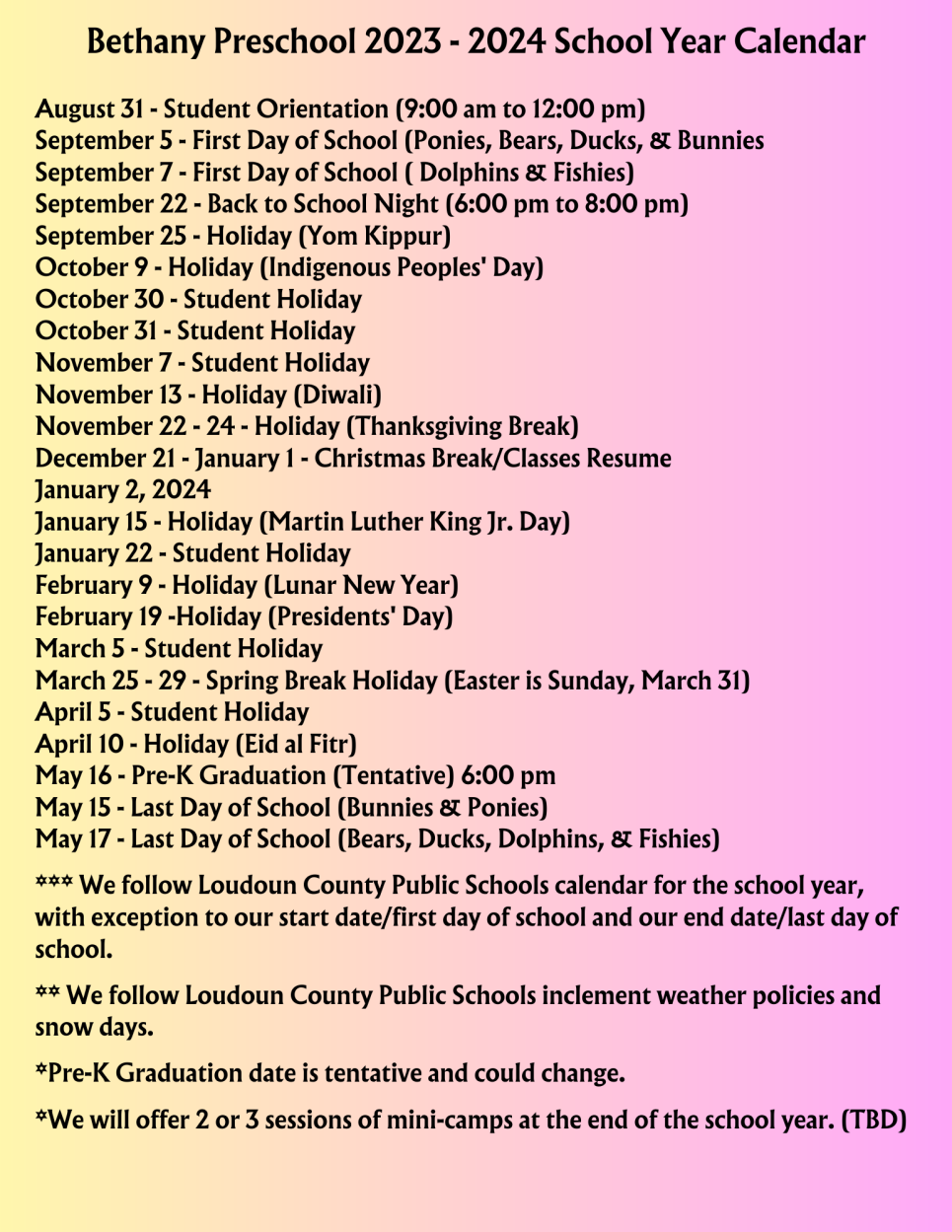 Preschool Calendar & Events Bethany United Methodist Church