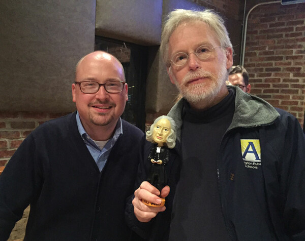 Kerm Towler, right, a first year M.Div. student at Wesley Theological Seminary from Metropolitan Memorial UMC, stands with Prof. Ryan Danker, after his team, "Old Geoffrey," won Methodist Pub Trivia Oct. 24. Photo by Erik Alsgaard.