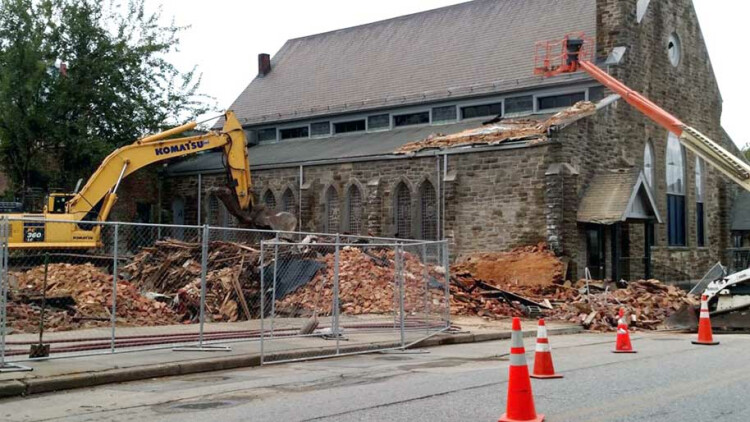 Christ UMC in Baltimore is seen in this Aug. 5 photo after part of a house being demolished next door crashed through the church’s roof. Photo by Tracy Moffatt.