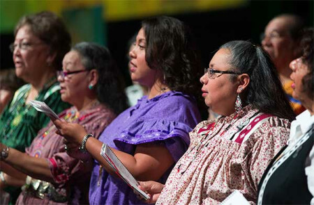The Cherokee Choir from the Oklahoma Indian Missionary Conference sings during morning worship at the 2016 United Methodist General Conference in Portland, Ore. Photo by Mike DuBose, UMNS.