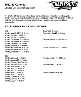 Charles City Board of Education calendar for Dennis White