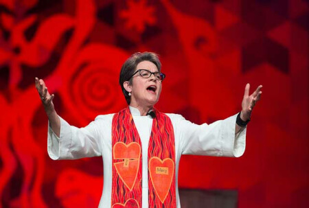 Bishop Sally Dyck delivers the sermon during morning worship at the 2016 United Methodist General Conference in Portland, Ore. Photo by Mike DuBose, UMNS.