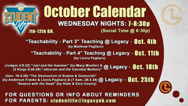 Legacy Church - Student Life Wednesday Nights - October 2023