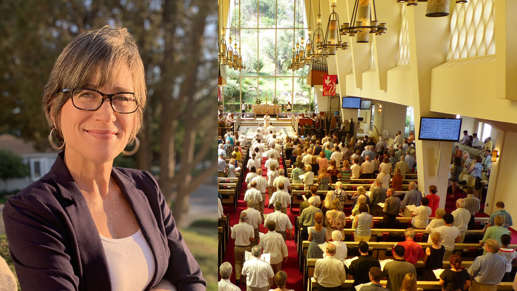 Rev. Trudy D. Robinson and the inside of the First United Methodist Church of San Diego sanctuary