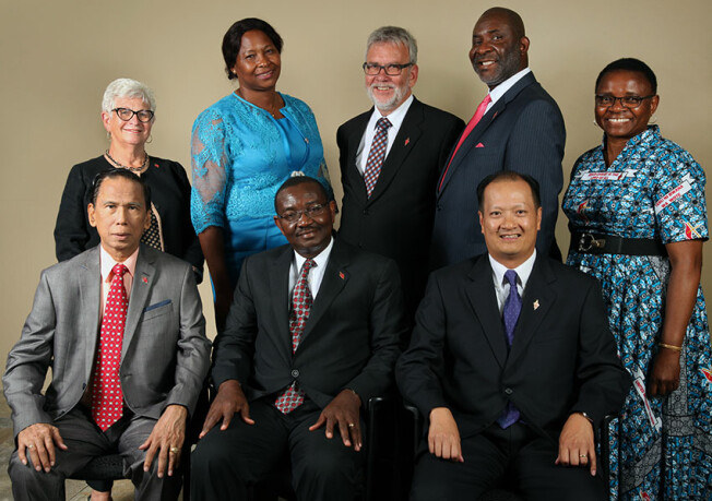 Members of the 2016-2020 Judicial Council. (From left) Front: Ruben T. Reyes, N. Oswald Tweh Sr., the Rev. Luan-Vu Tran. Back row: Deanell Reece Tacha, Lídia Romão Gulele, the Rev.Øyvind Helliesen, the Rev. Dennis Blackwell, and the Rev. J. Kabamba Kiboko. (Not pictured, Beth Capen.) Photo by Kathleen Barry, United Methodist Communications.