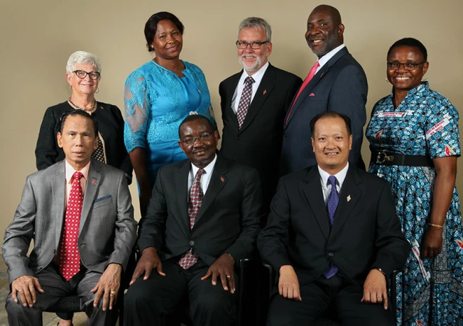 Members of the 2016-2020 Judicial Council. (From left) Front: Ruben T. Reyes, N. Oswald Tweh Sr., the Rev. Luan-Vu Tran. Back row: Deanell Reece Tacha, Lídia Romão Gulele, the Rev.Øyvind Helliesen, the Rev. Dennis Blackwell, and the Rev. J. Kabamba Kiboko. (Not pictured, Beth Capen.) Photo by Kathleen Barry, United Methodist Communications.