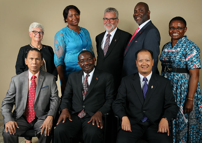 Members of the 2016-2020 Judicial Council. (From left) Front row: Deanell Reece Tacha, N. Oswald Tweh Sr., the Rev. Luan-Vu Tran. Back row: Lydia Romão Gulele, Ruben T. Reyes, the Rev.Øyvind Helliesen, the Rev. Dennis Blackwell, and the Rev. J. Kabamba Kiboko. Photo by Kathleen Barry, United Methodist Communications.