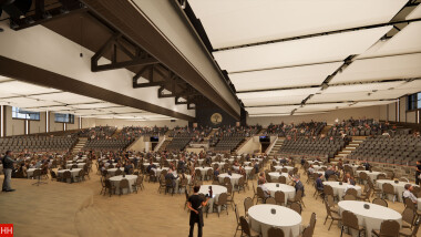 Interior worship space rendering with tables set up for event