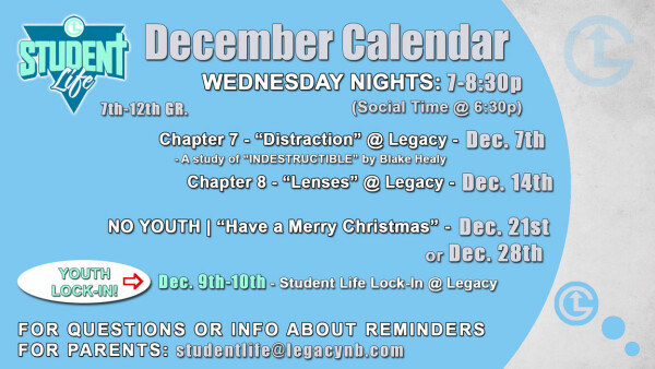 Legacy Church Student Life Calendar - December 2022